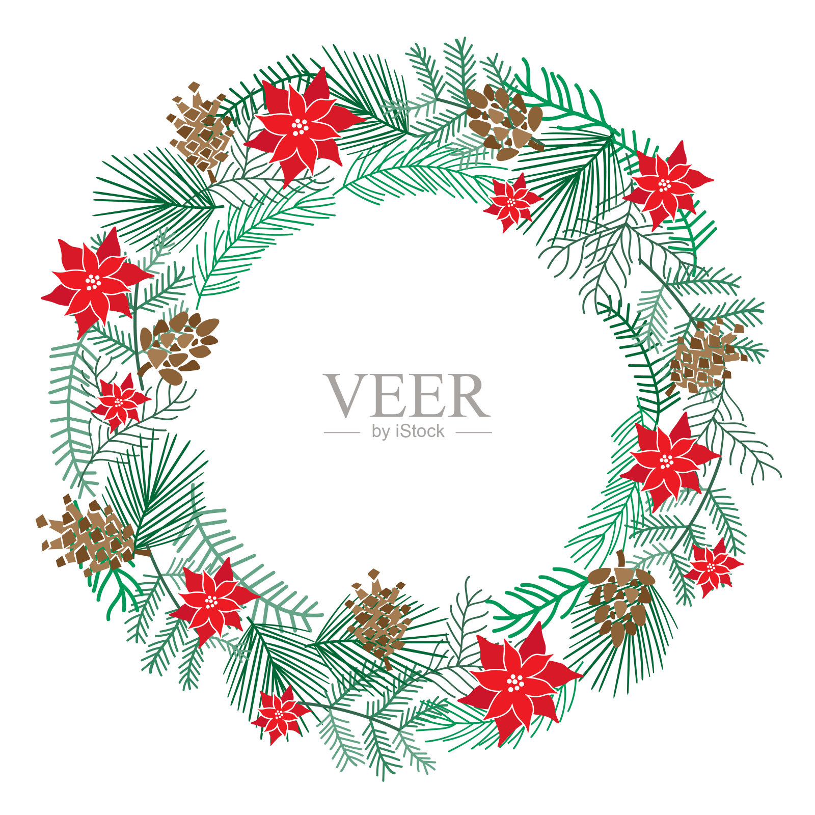 带浆果的圣诞花环，冷杉树枝。冬季设计的圆形框架。向量的背景设计元素图片
