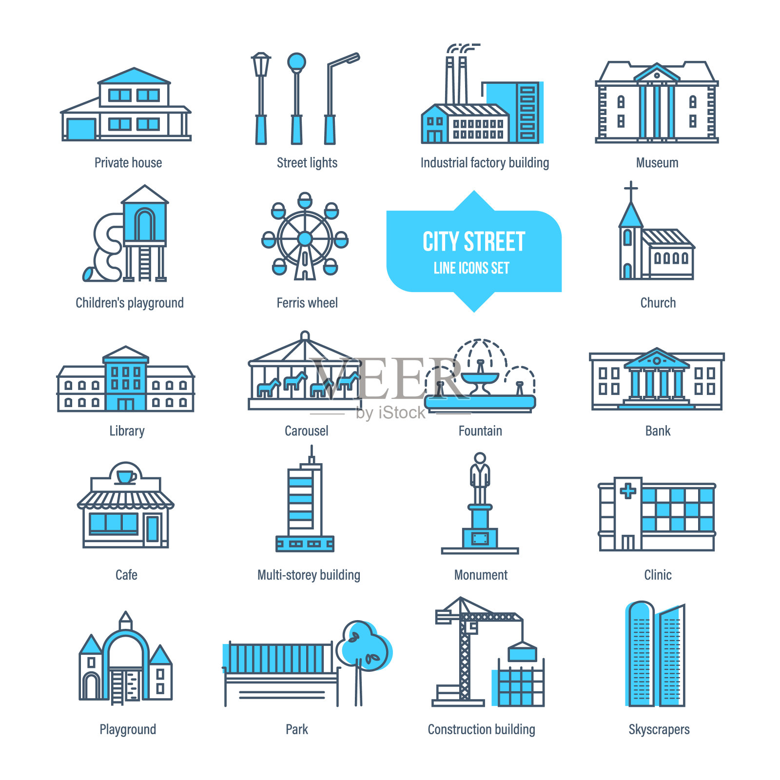 城市街道细线图标、象形文字、符号集。建筑,建筑插画图片素材