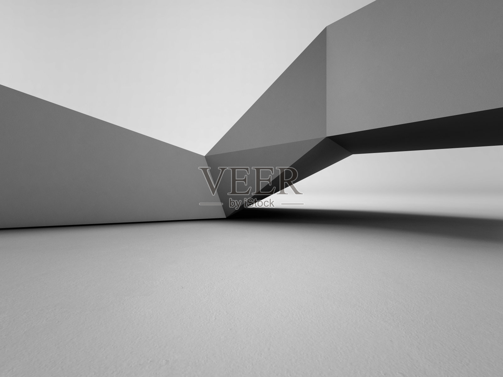 在展厅或现代展厅，混凝土地面的几何形状结构与空白的灰色墙壁背景，未来建筑的施工技术-抽象的室内设计3d插图照片摄影图片