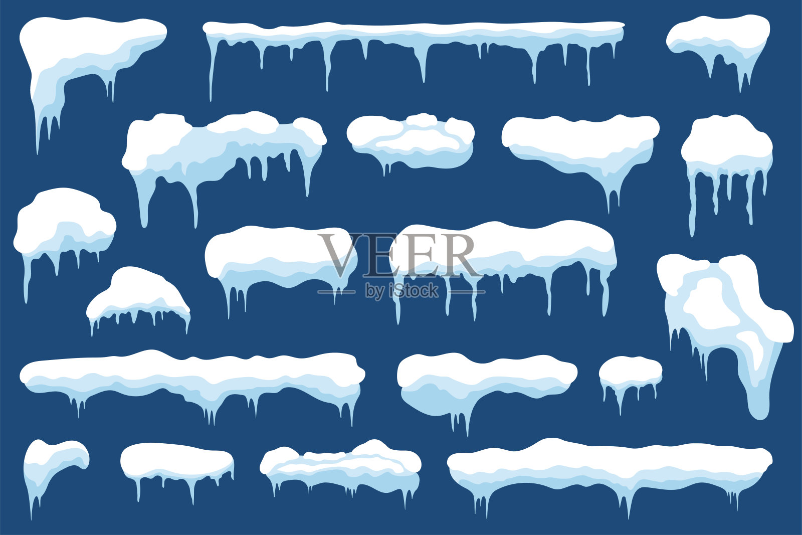 有冰柱和雪堆的雪。冬天的雪覆盖着冰。一套不同的雪框装饰插画图片素材