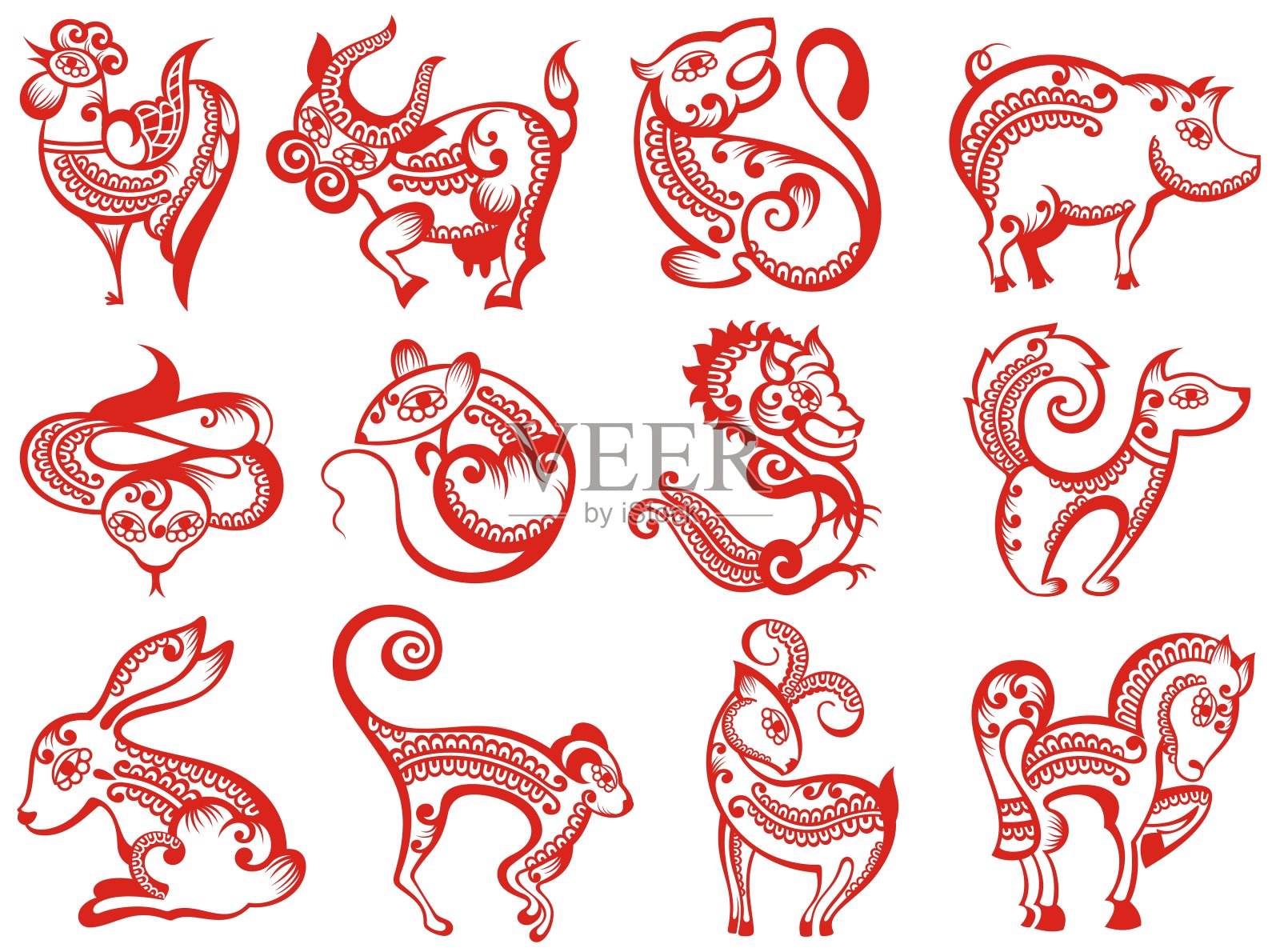 剪纸风格的中国十二生肖插画图片素材