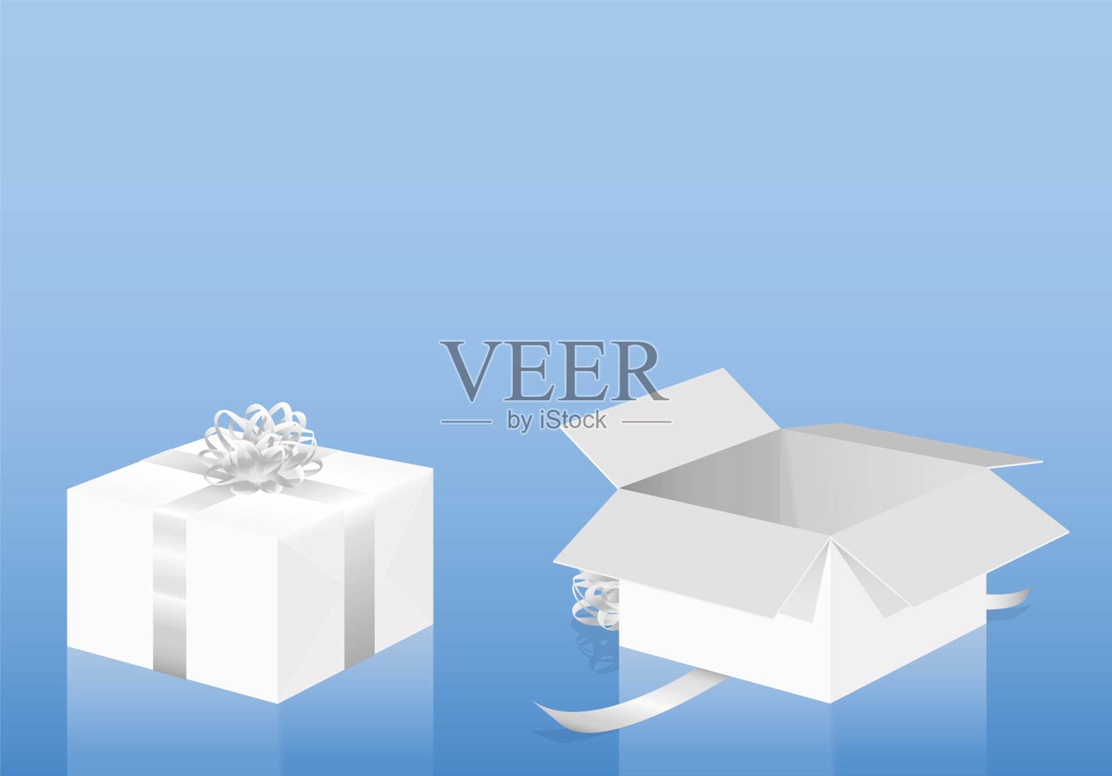 白色礼品包装上的蓝色背景-关闭，包装和打开的礼物-三维孤立矢量插图。插画图片素材
