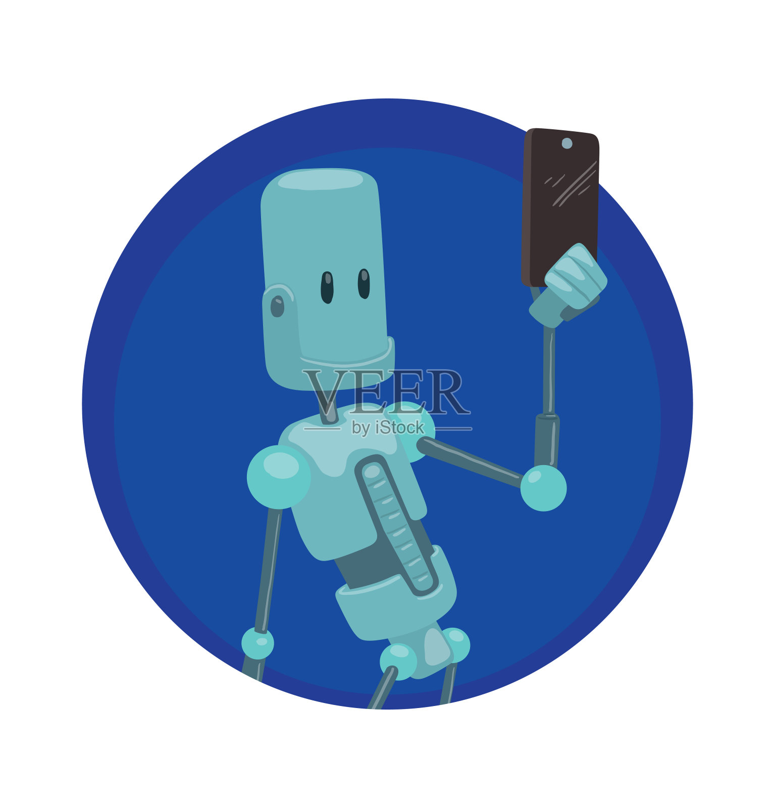 圆圆的框架，有趣的浅蓝色机器人和一个黑色的智能手机插画图片素材