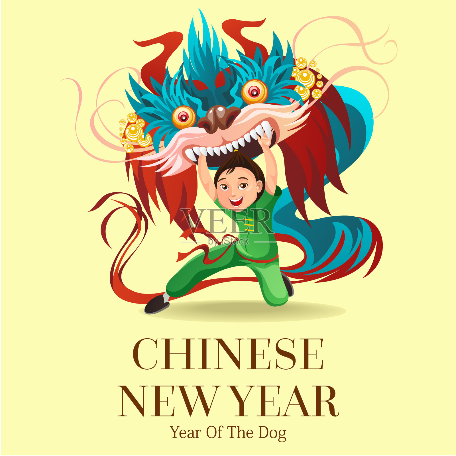 中国农历新年舞狮搏击孤立背景，快乐的舞者在中国传统服装手持五颜六色的龙面具游行或狂欢节，卡通风格矢量插图插画图片素材