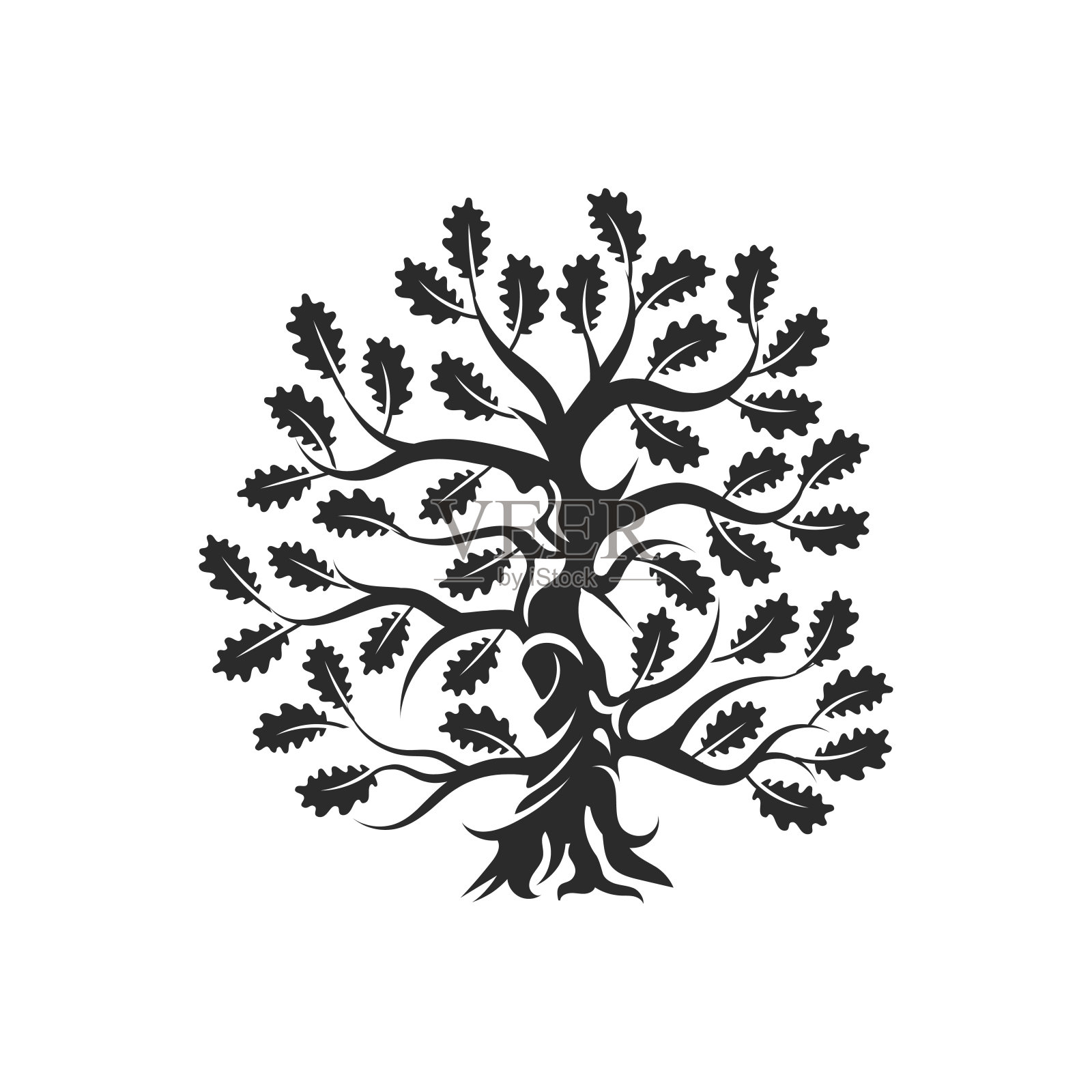 巨大和神圣的橡树剪影徽章孤立在白色的背景。设计元素图片