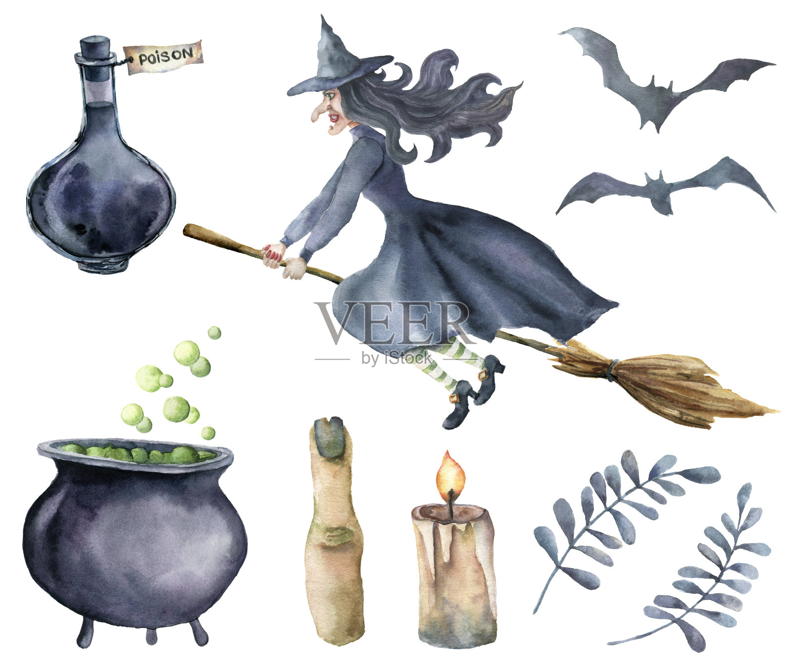 水彩魔法设置。在扫帚上手绘的女巫，毒药瓶，坩埚与药水，扫帚，蜡烛，手指，蝙蝠和花枝孤立在白色的背景。万圣节插图。插画图片素材