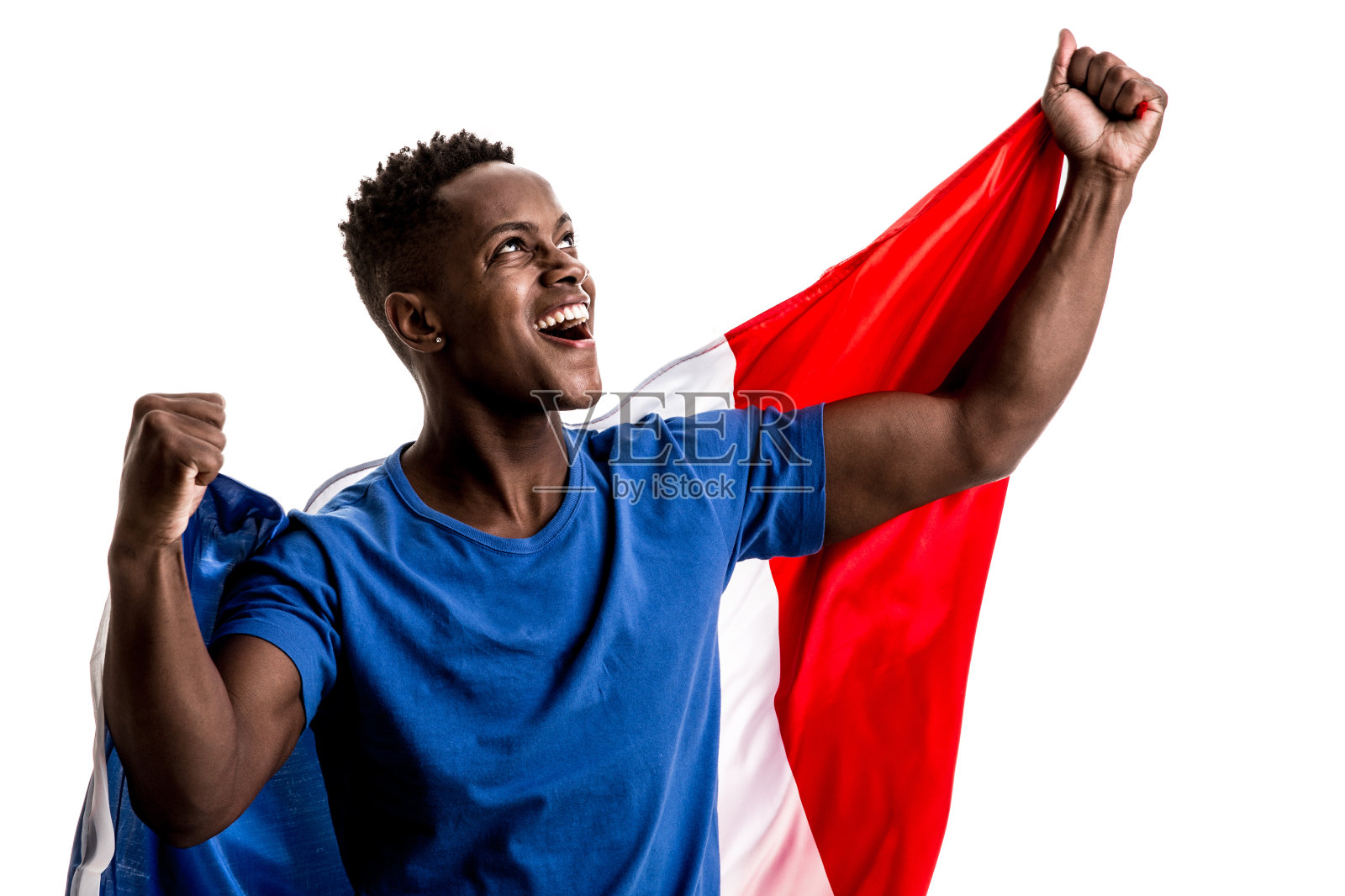 举着法国国旗的球迷/运动员照片摄影图片