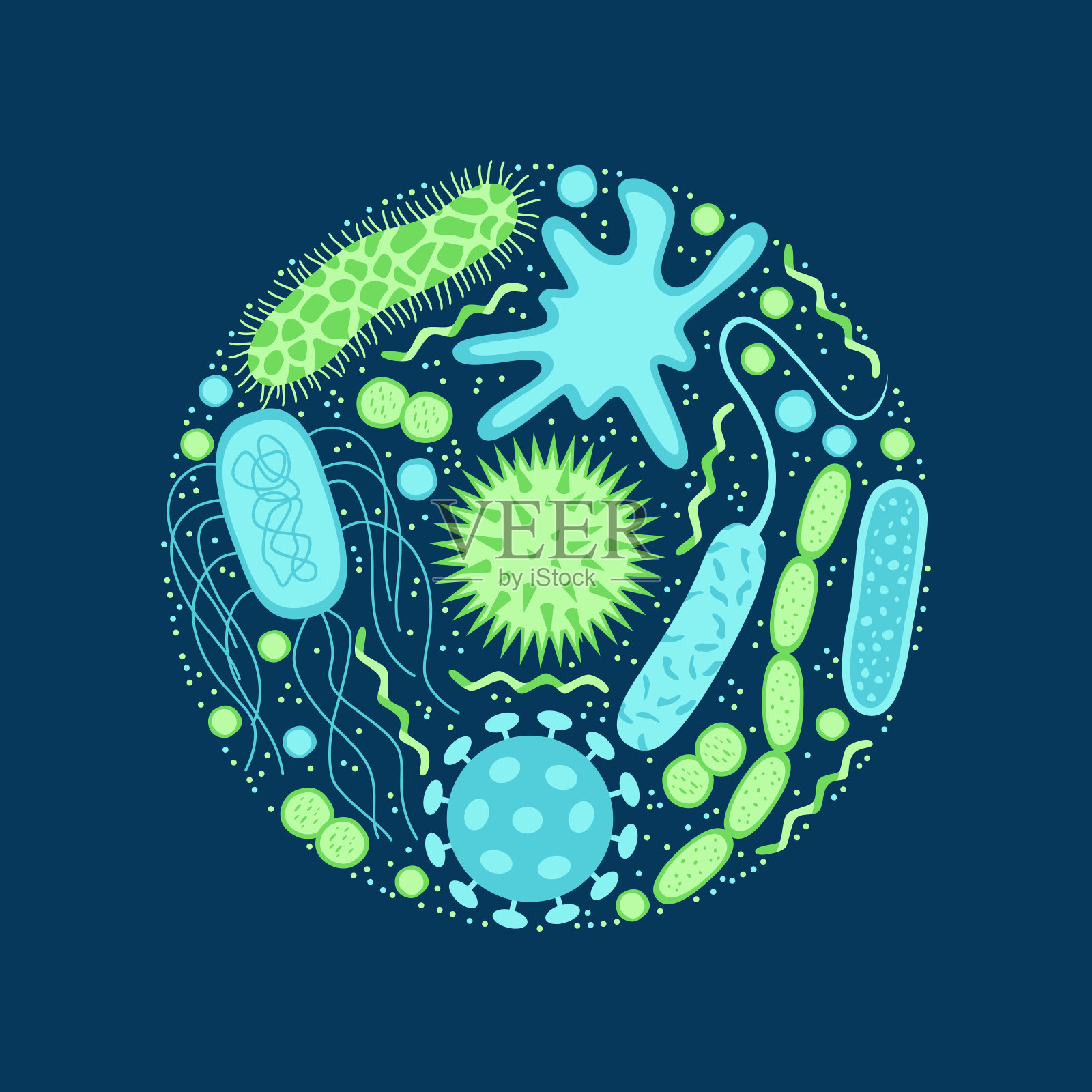 病毒和细菌图标设置为蓝色背景隔离。插画图片素材