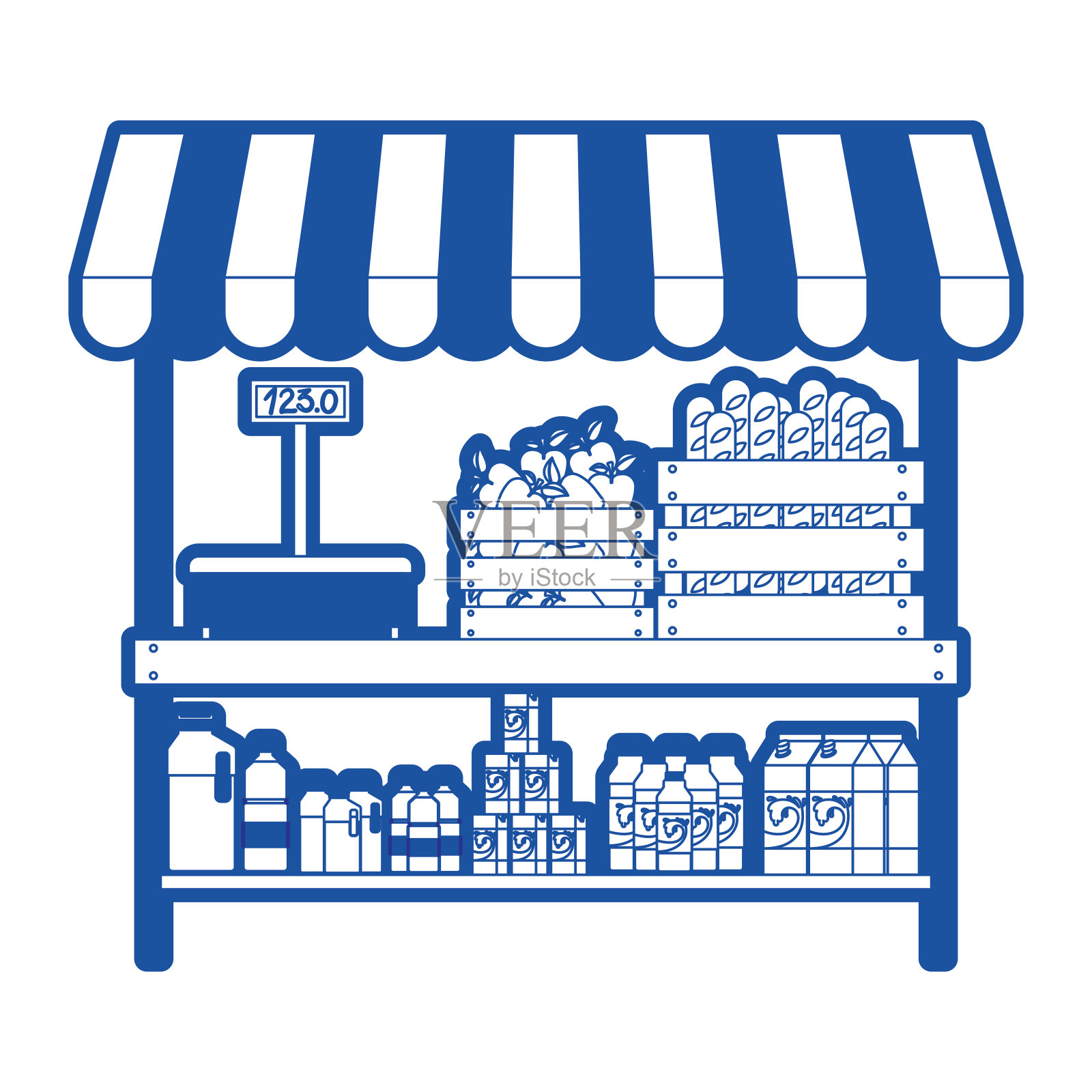 超市货架与称重机和遮阳伞与食品和饮料在蓝色剪影插画图片素材