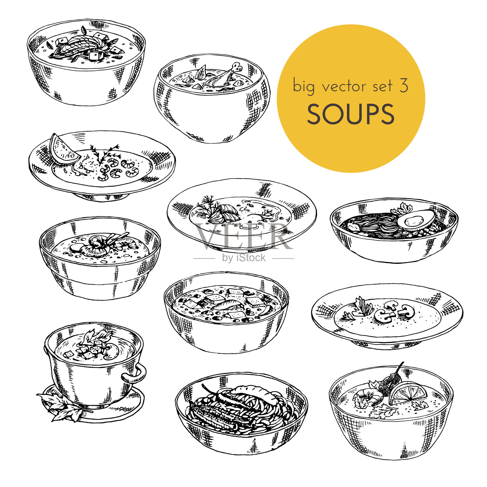 一套不同菜系的汤。矢量插图手绘，图形。不同国家的菜肴设计元素图片