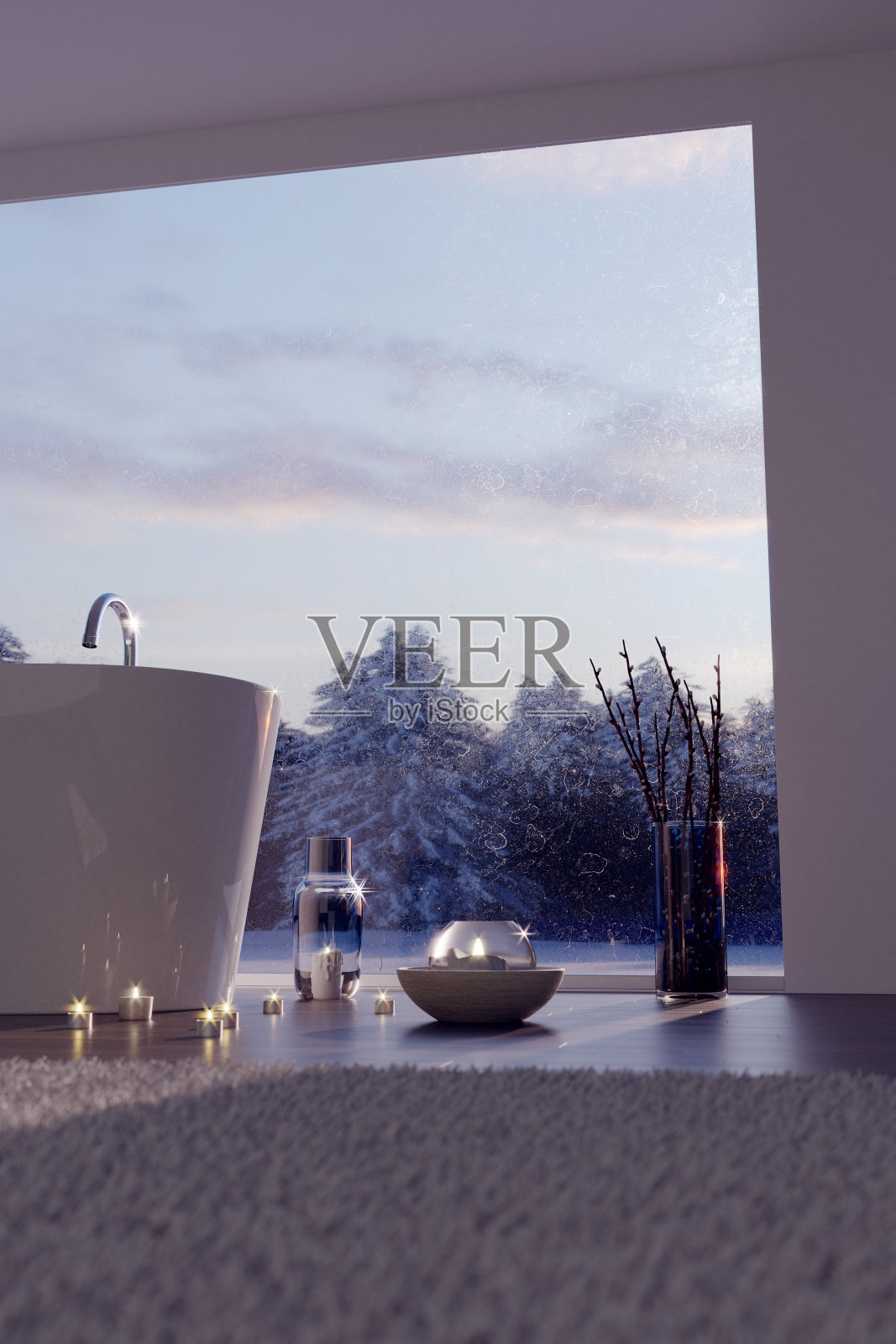 豪华浴室的3d渲染与独立式浴缸和蜡烛在冬季景观在傍晚日落照片摄影图片