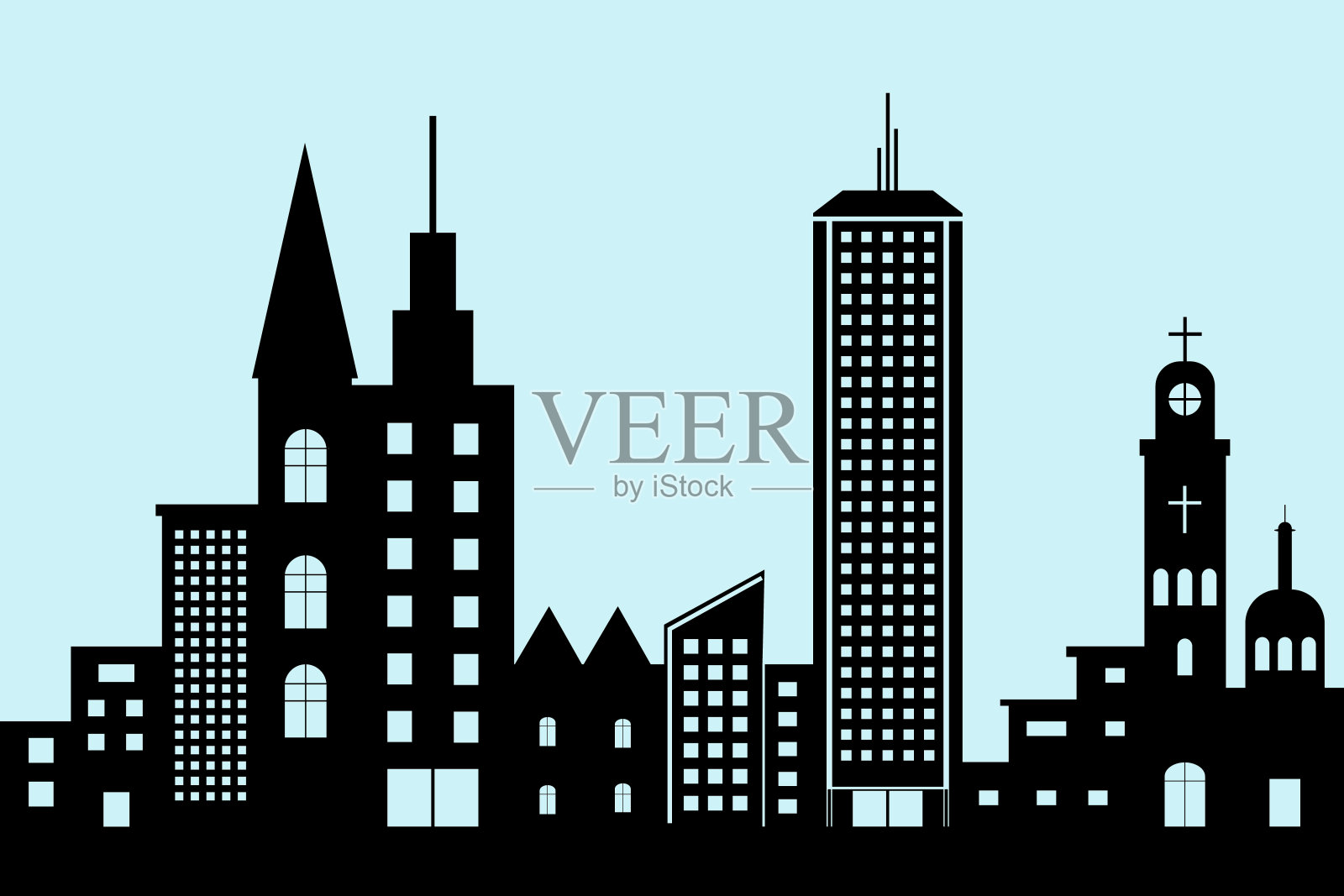 城市景观黑色建筑标志建筑。设计剪影平面风格上的蓝色背景插图向量插画图片素材