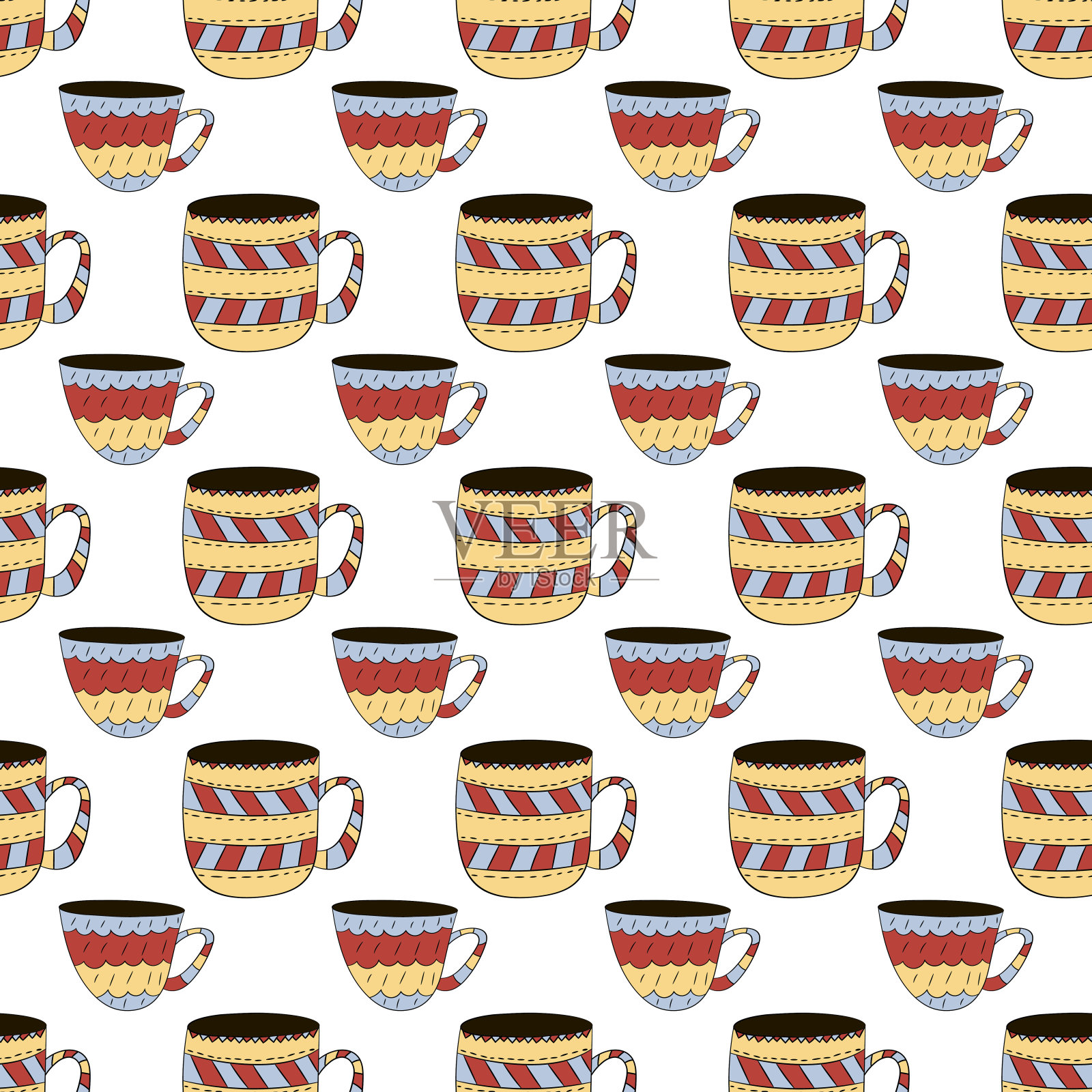 矢量无缝图案杯的咖啡，茶，牛奶在斯堪的纳维亚风格。用于壁纸，背景，包装纸插画图片素材