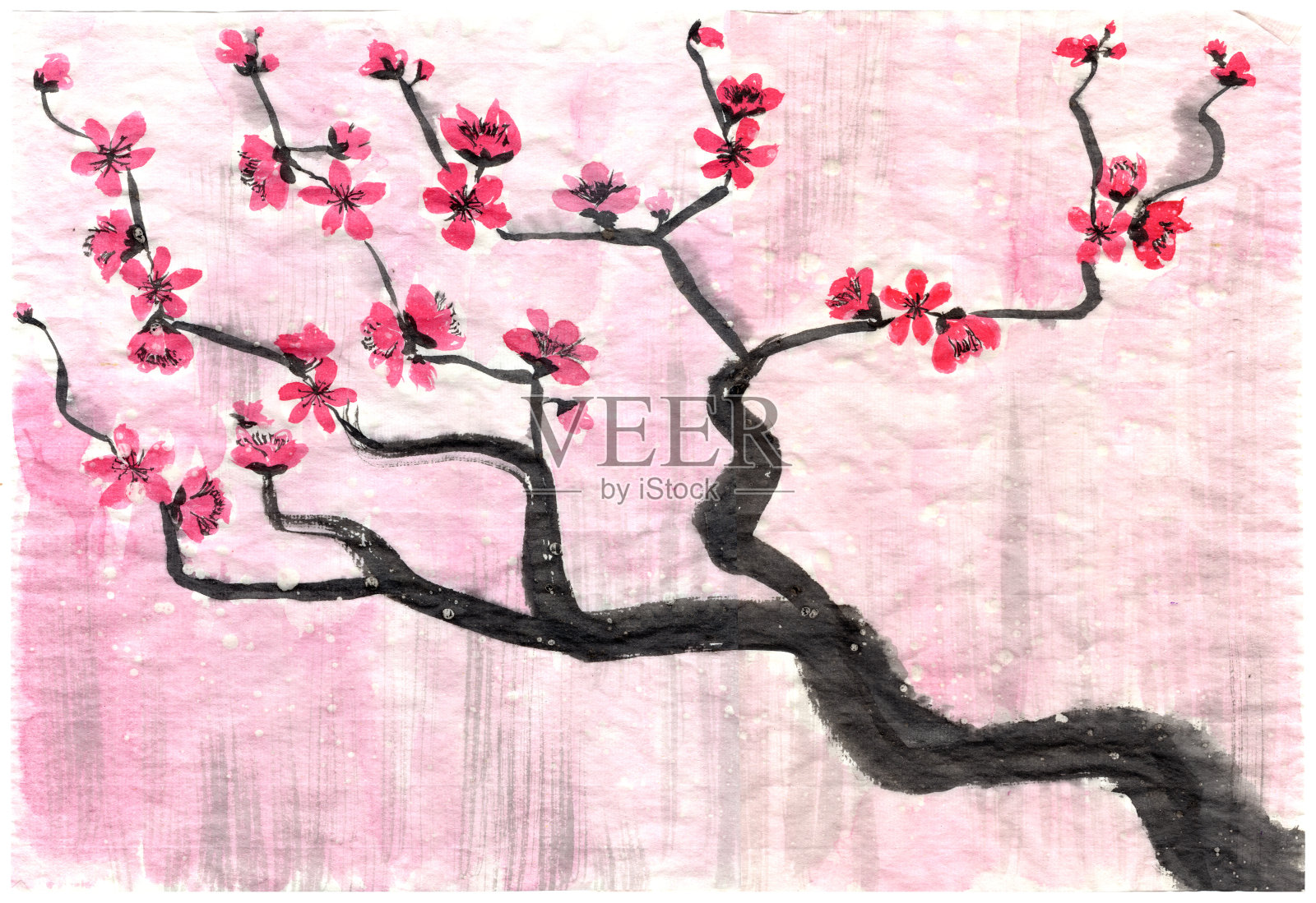 抽象花卉插画在日本民俗画风格的隅美。粉红色手画幻想中国梅花和树枝在粉红色宣纸背景。蜡染，书皮，t恤印花插画图片素材
