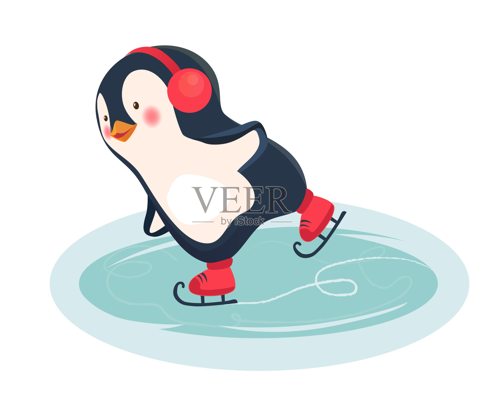 企鹅卡通。企鹅在溜冰场溜冰在冬季矢量插图。插画图片素材