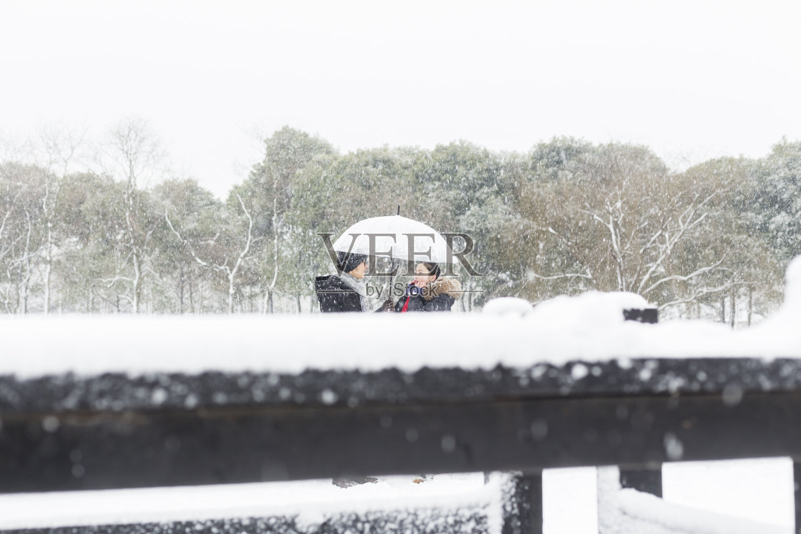 一对情侣撑着伞站在白雪覆盖的木桥上照片摄影图片