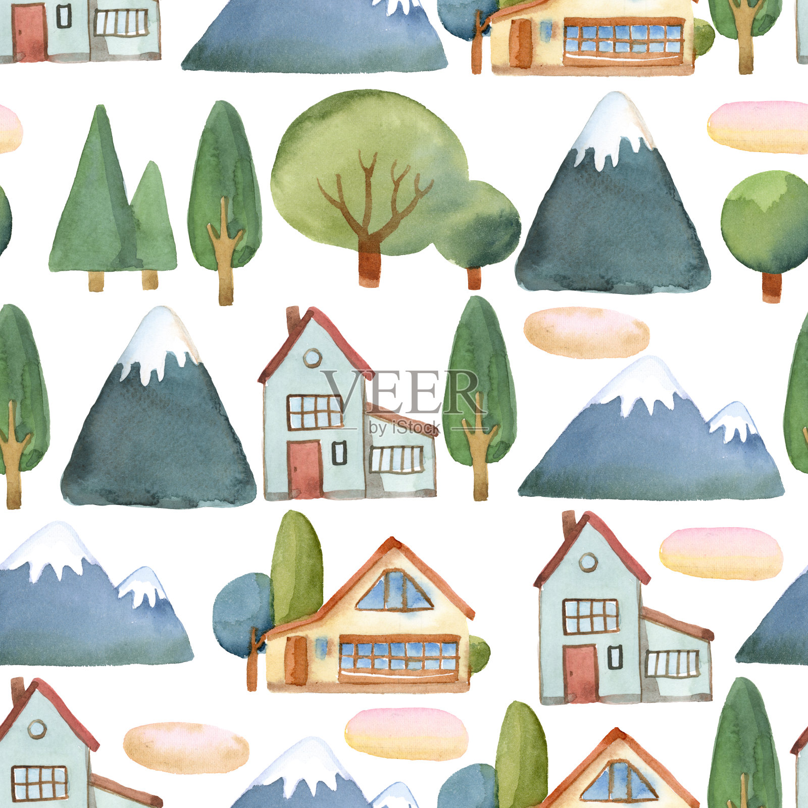 水彩插图。在白色的背景上，树木、房子和蓝山的平面无缝组合插画图片素材