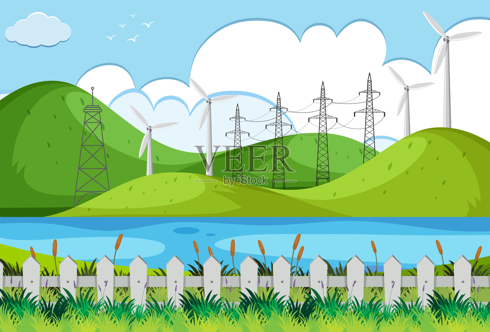绿色山丘上的风力涡轮机插画图片素材