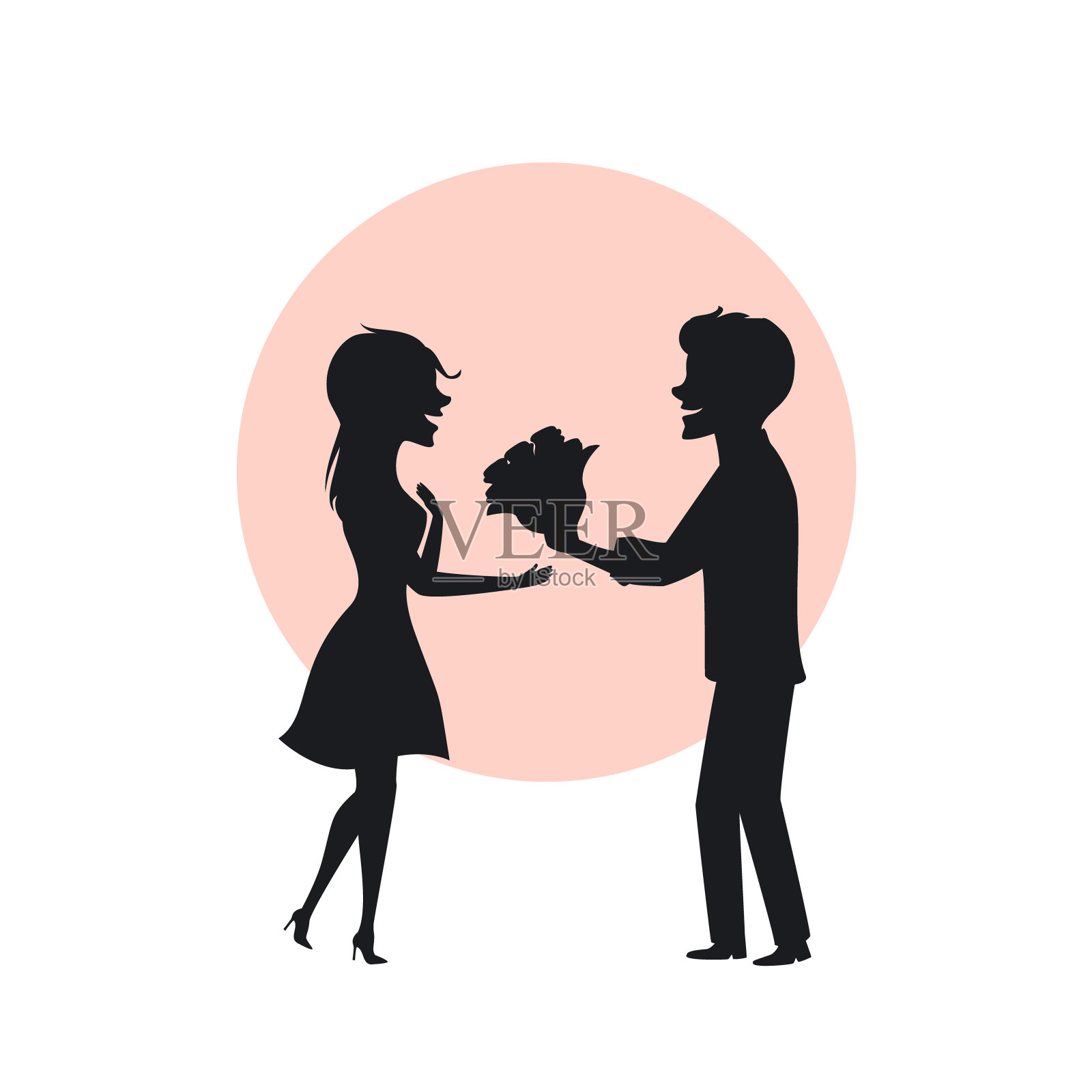 这是一对浪漫的情侣在第一次约会时的剪影，男人用鲜花给女人惊喜插画图片素材