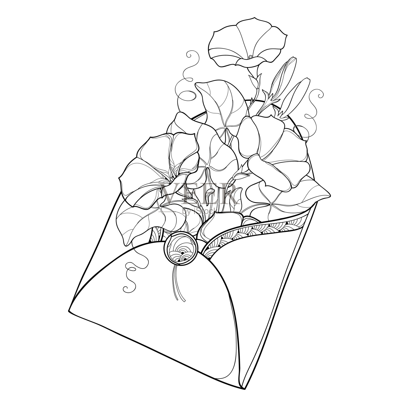 矢量花束与轮廓番石榴或牵牛花花和叶在开放的工艺信封在黑色孤立的白色背景。插画图片素材