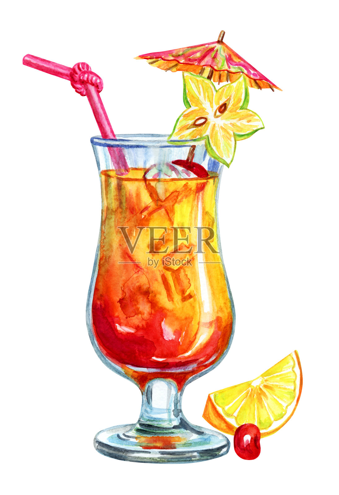 热带水果鸡尾酒，水彩画插画图片素材