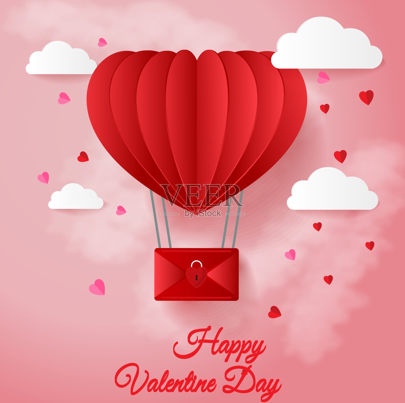 情人节贺卡与红色的心形气球飞行和心形在白色的背景设计模板素材