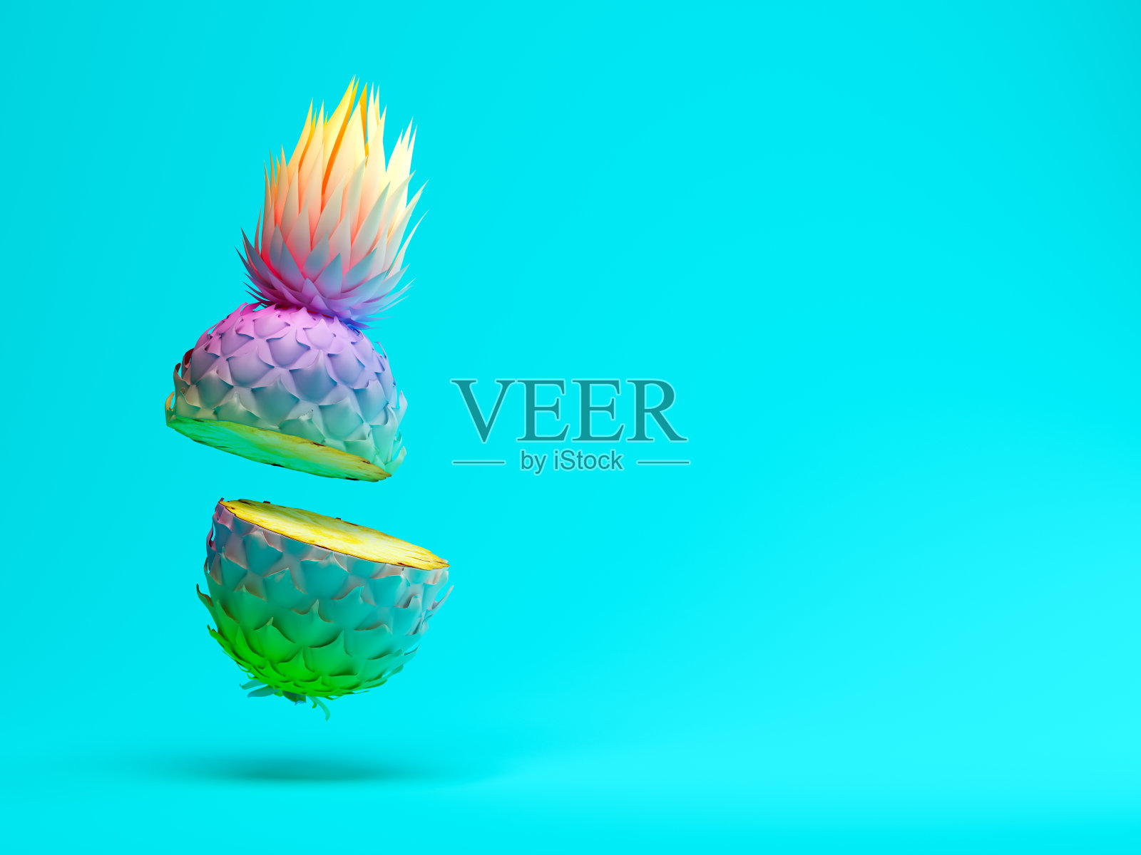 多色切片菠萝在蓝色背景的3D渲染照片摄影图片