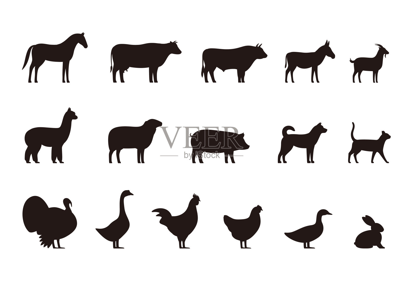 农场动物黑色图标设置，牲畜，矢量插图设计元素图片