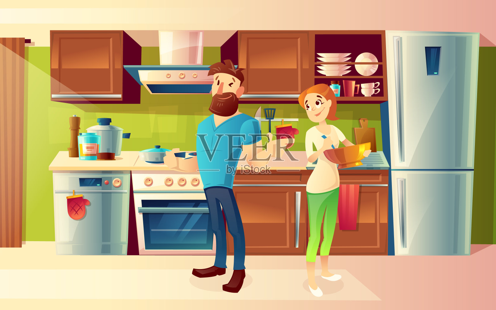 向量卡通幸福夫妇在现代厨房插画图片素材