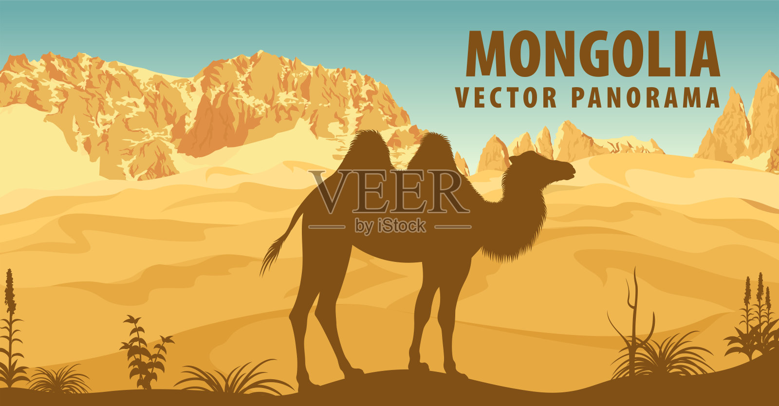 矢量全景蒙古与双峰驼在沙漠插画图片素材