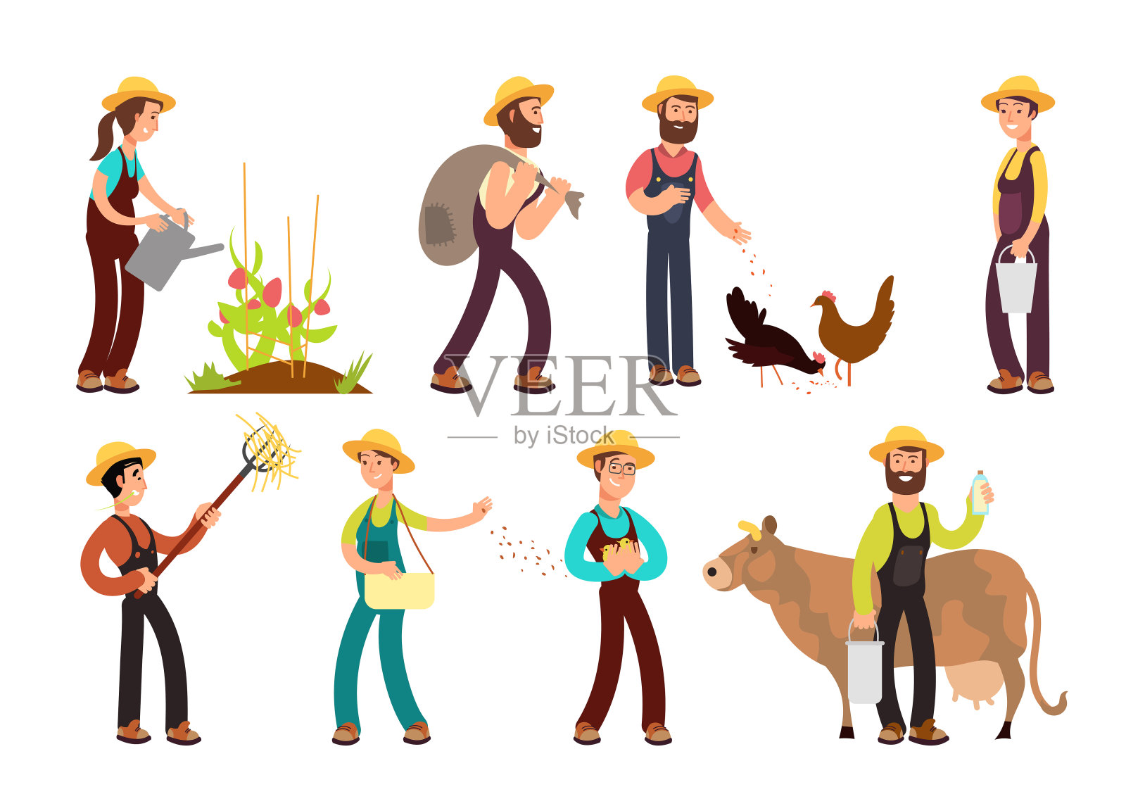 快乐农民用农具和种植矢量字符集插画图片素材