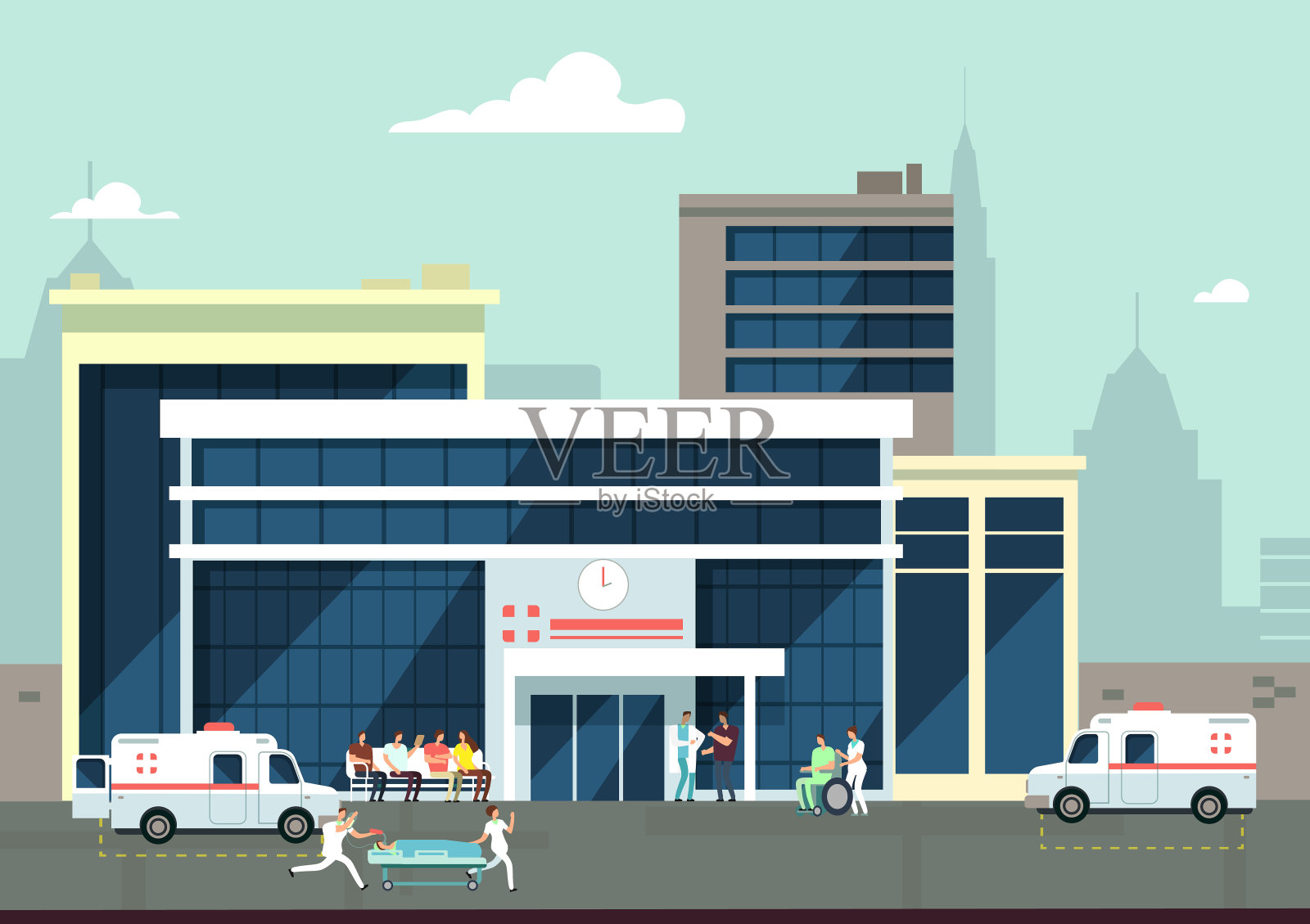 急诊医院外有医生和病人。医疗向量的概念插画图片素材