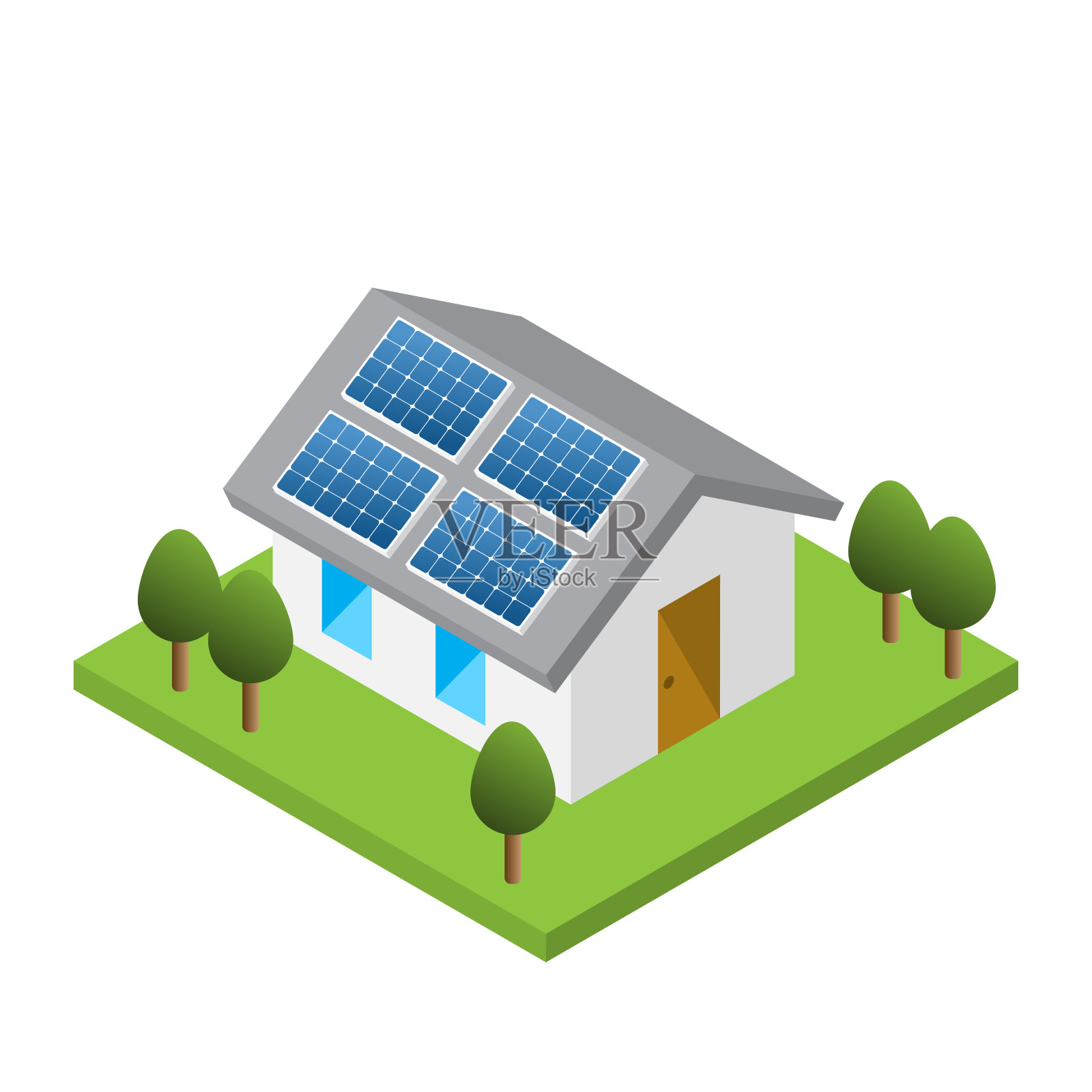 简单的等距房屋与太阳能屋顶板设计元素图片