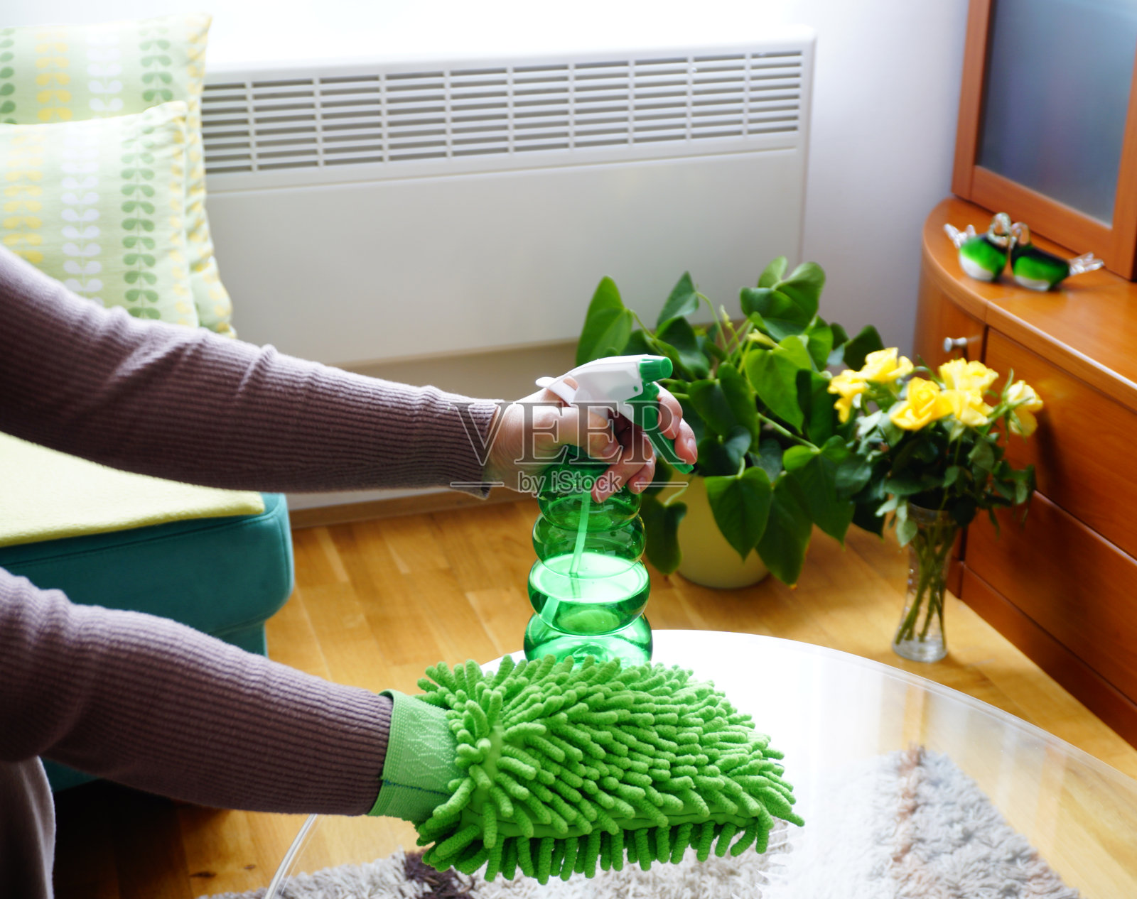 家用清洁用品，海绵和清洁剂在妇女的手中清洁玻璃桌子照片摄影图片