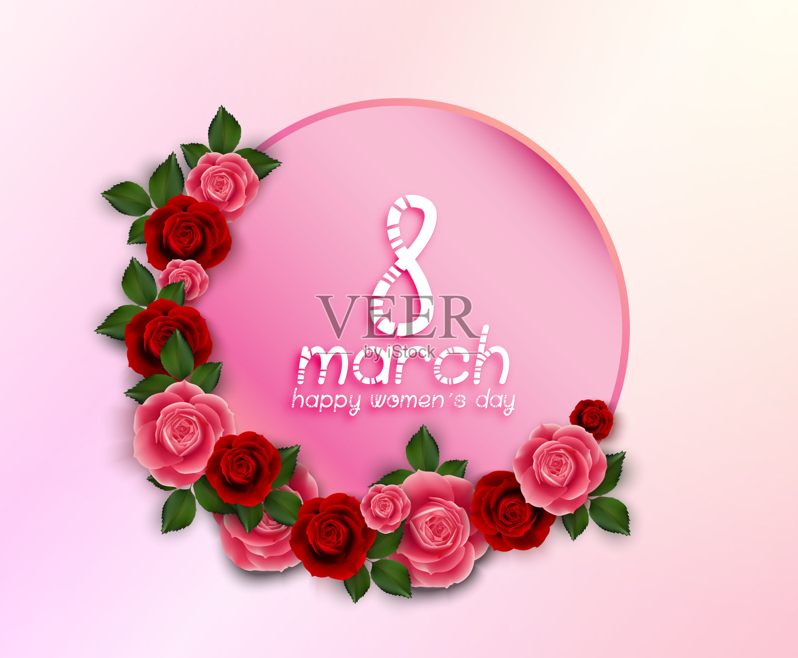 3月8日国际妇女节快乐鲜花贺卡与圆形横幅在粉红色的背景插画图片素材
