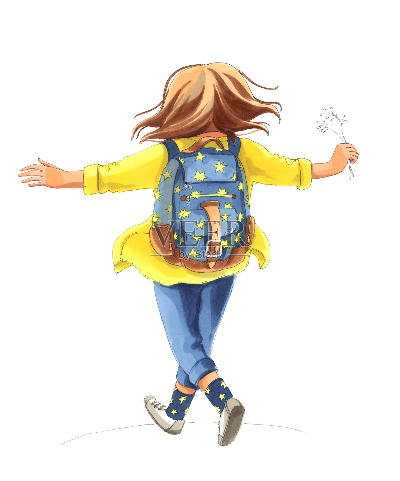 水彩插图孤立的白色背景。那个棕色头发的女孩背着明亮的背包走着，背影。插画图片素材