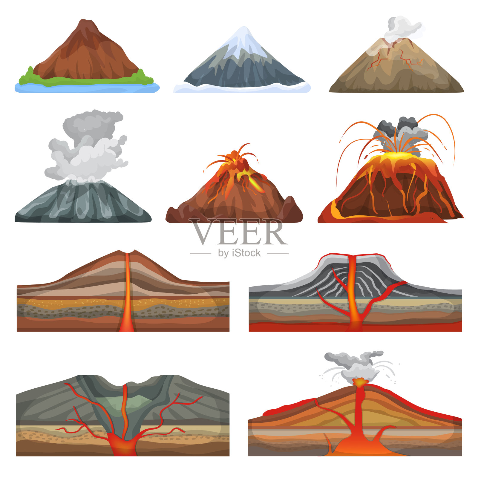 火山矢量喷发和火山活动或火山爆发痉挛的自然火山在山区插图一套火山学孤立在白色背景插画图片素材