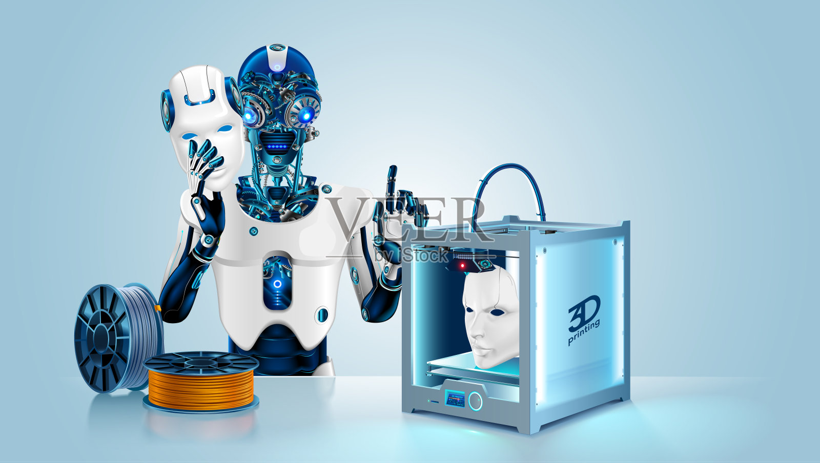 仿人机器人用3d打印机打印口罩。人工智能的半机械人把金属头和大脑藏在面具下。3d打印技术帮助机器人创建人形人脸原型。灯丝线圈。插画图片素材