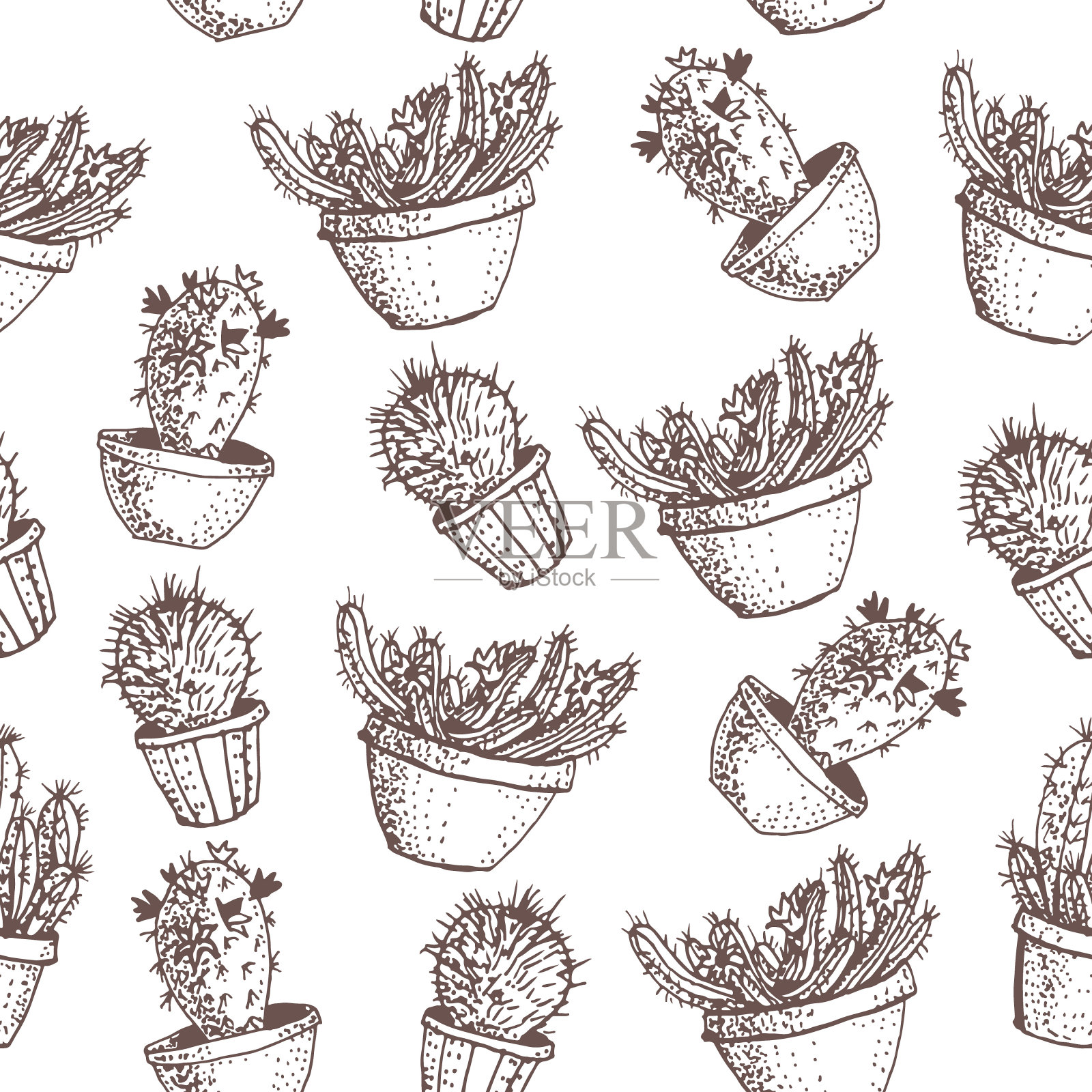 自然无缝图案与手绘仙人掌。盛开的墨西哥沙漠植物。插画图片素材