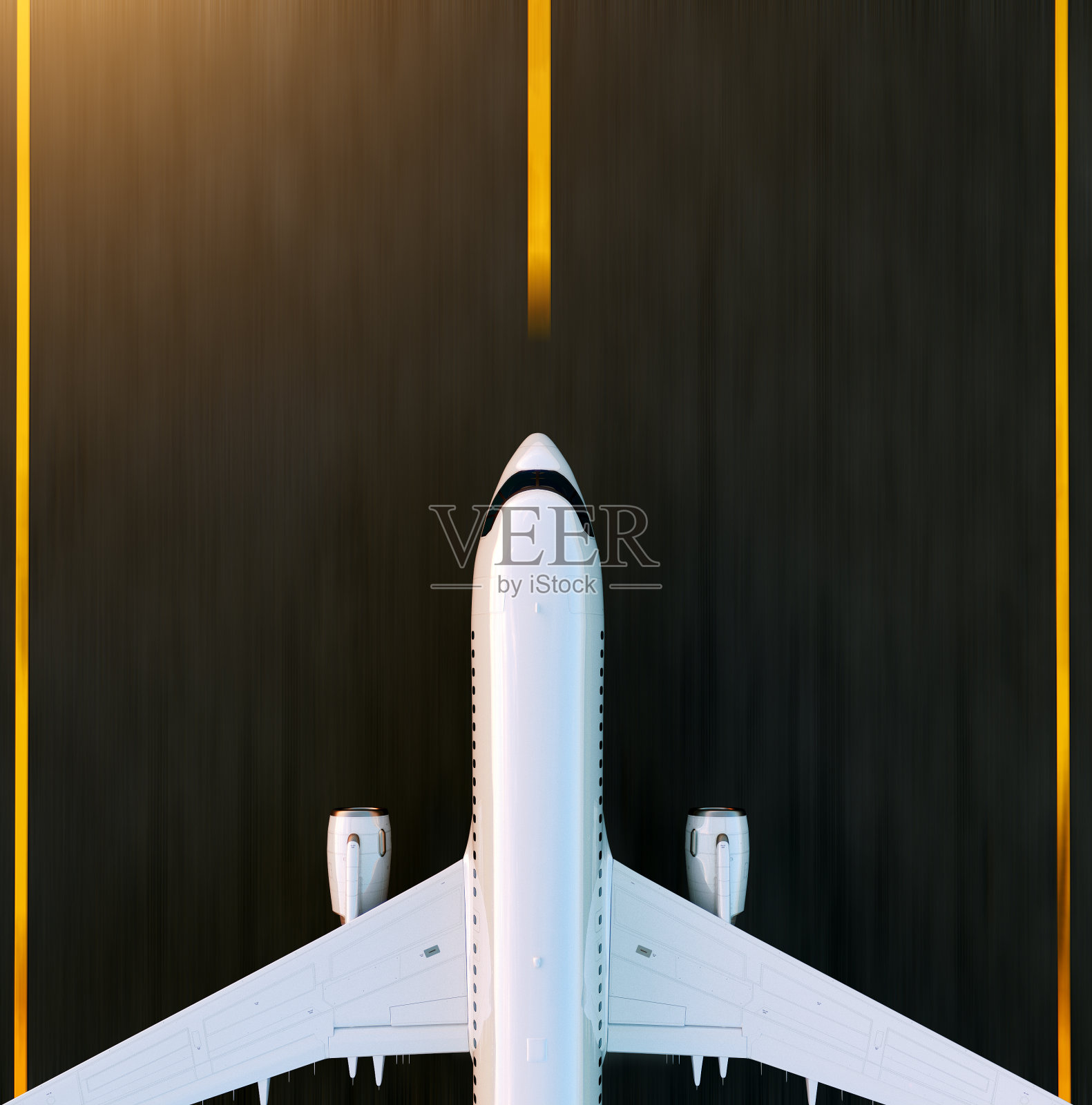 日落时分，一架白色的商用飞机在机场跑道上起飞。客机正在起飞。飞机概念3D插图。照片摄影图片