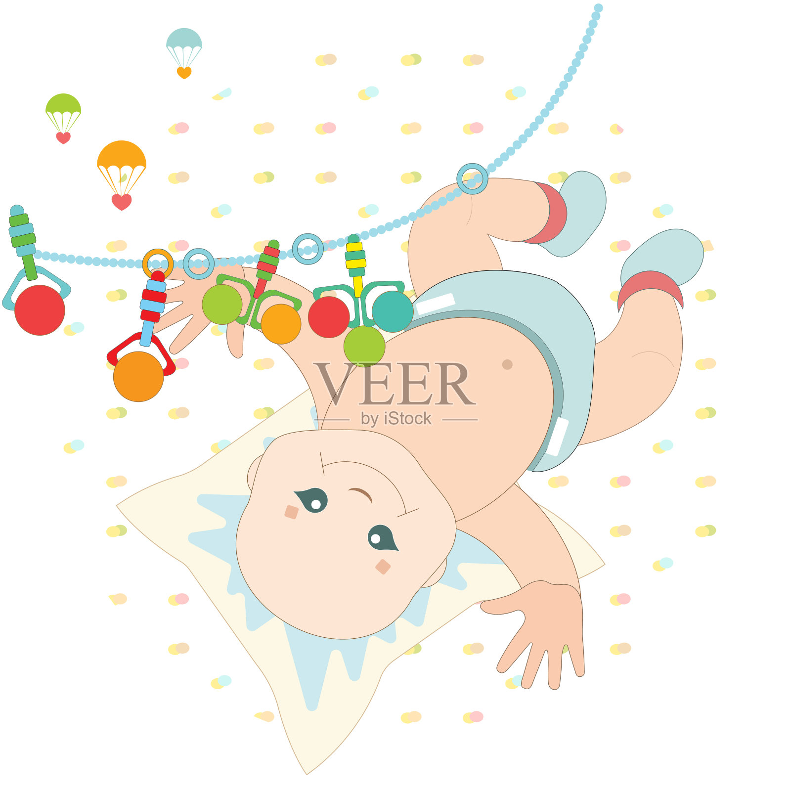 孩子躺在他的背部，在新生儿前面的一个挂有拨浪鼓的吊坠。彩色插图。插画图片素材