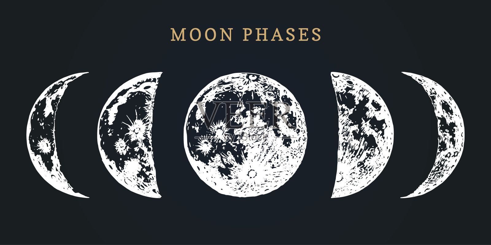月相图像上的黑色背景。手绘矢量图周期从新月到满月插画图片素材