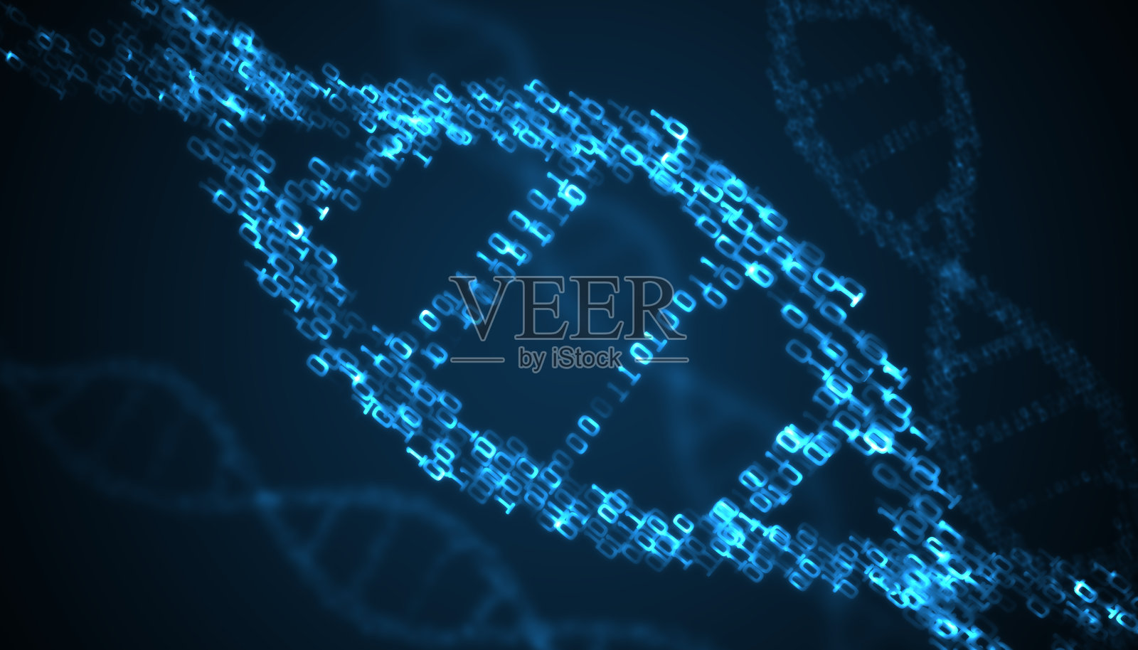 DNA螺旋中的二进制代码。3 d渲染插图。照片摄影图片