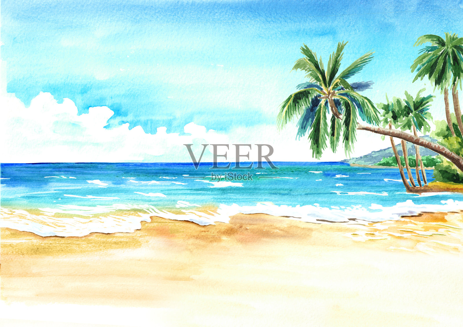 海景。夏日的热带海滩，金色的沙子和棕榈。手绘水平水彩插图插画图片素材