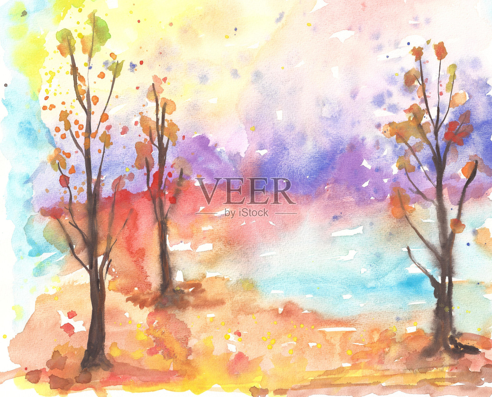 水彩画秋天的树木和五颜六色的森林景观插画图片素材