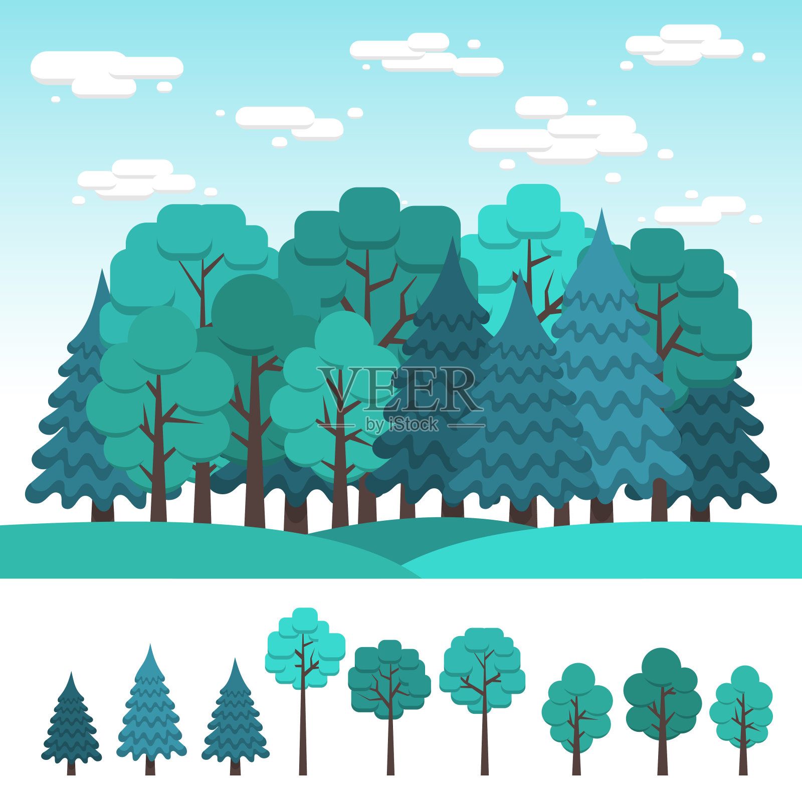 一套为景观设计的落叶和针叶树插画图片素材