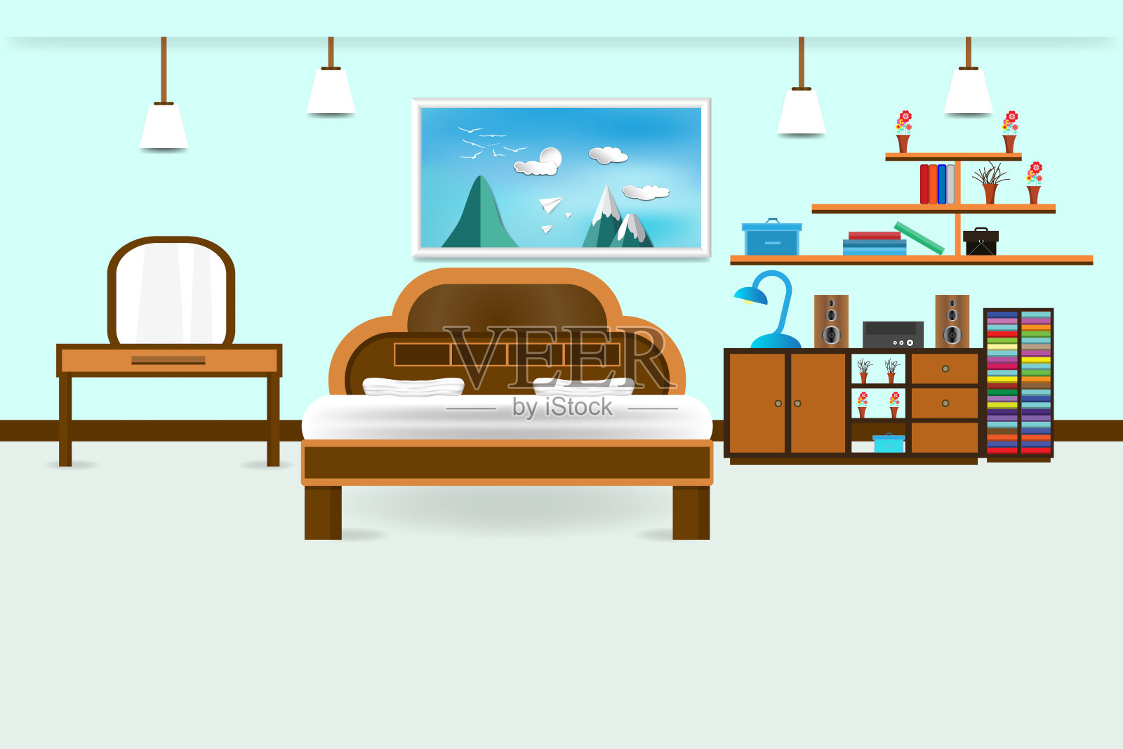 卧室室内平面设计放松与床梳妆台和书架，扬声器系统，画框天空云山景观，在墙壁颜色柔和的蓝色背景。矢量图插画图片素材