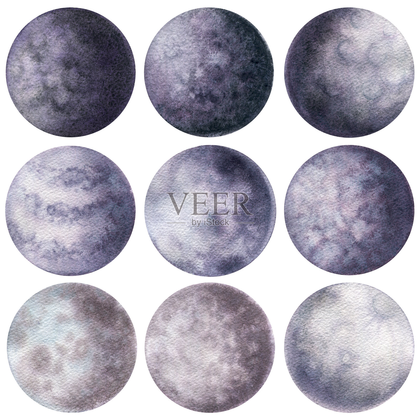 一套水彩月亮在紫罗兰颜色插画图片素材