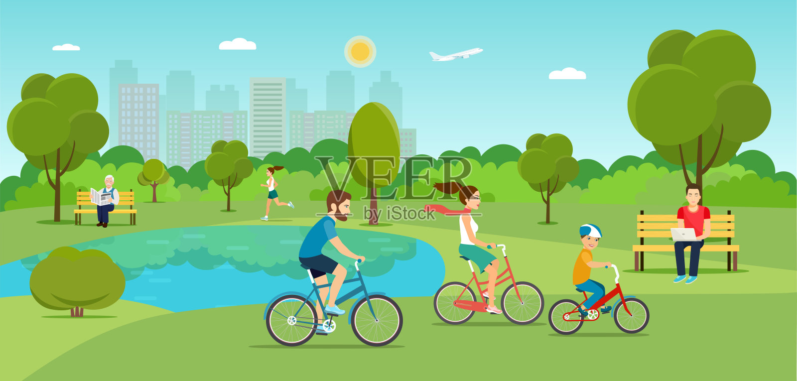 一家人在公园里骑自行车。矢量平面插图插画图片素材