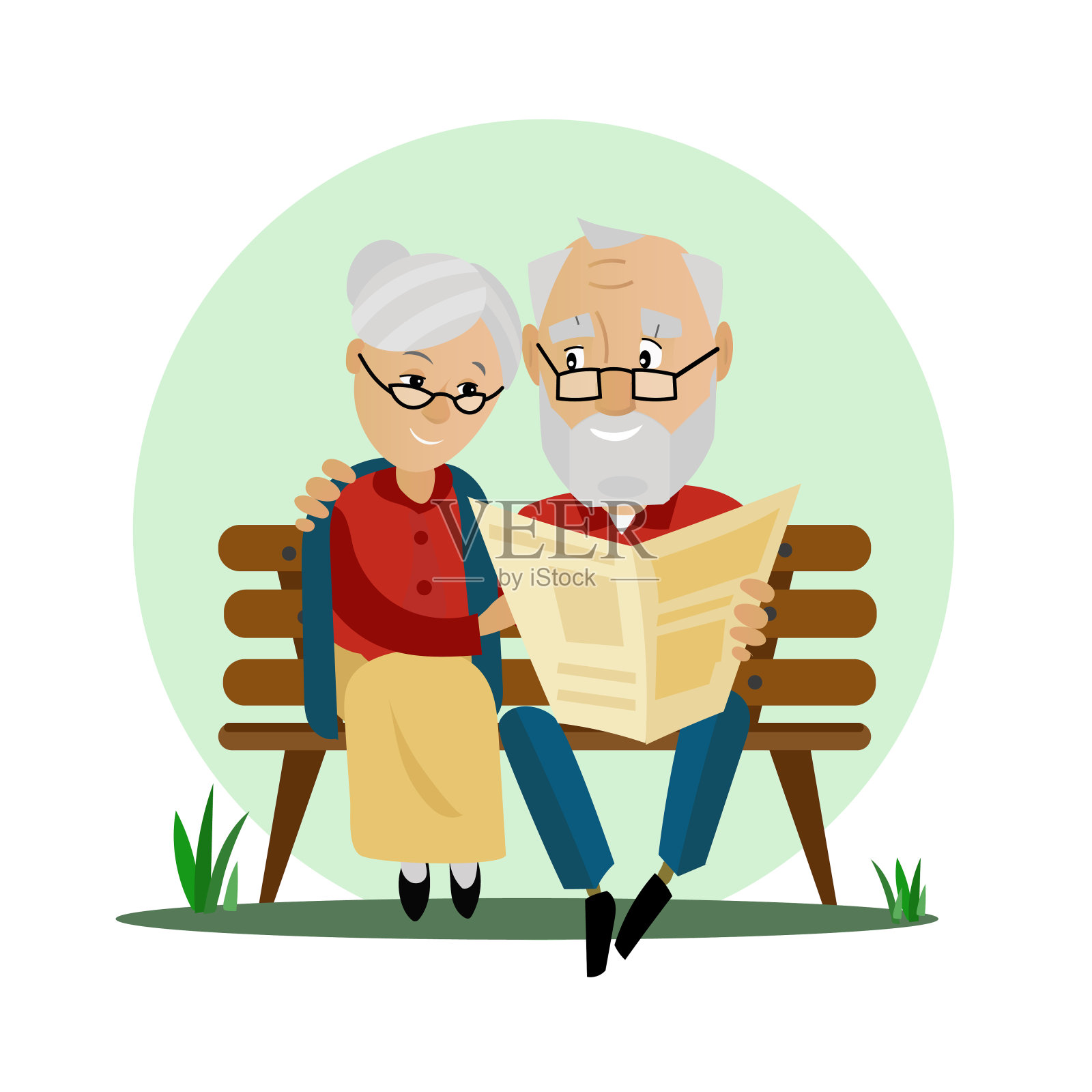 一对老夫妇坐在公园的长椅上插画图片素材